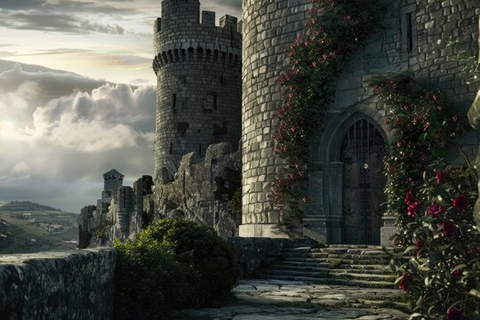 A medieval-style castle with a stone pathway leading up to the entrance, suitable for historical or fantasy themes