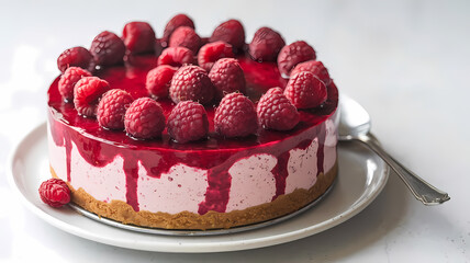 Delicious raspberry cheesecake with a glossy raspberry topping and fresh raspberries on top, served on a white plate.