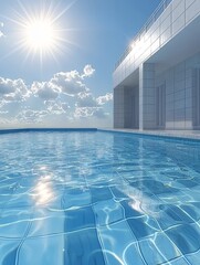 Obraz premium A serene modern pool under a bright sun, reflecting the clear blue sky and fluffy white clouds.