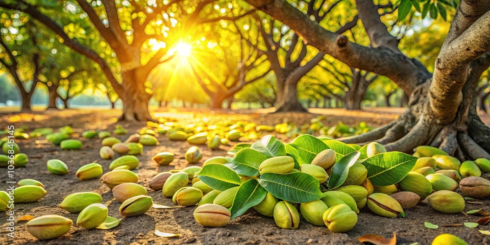 Wall mural Golden sunlight filtering through the leaves of a verdant orchard, illuminating a cluster of fresh nuts resting on the ground