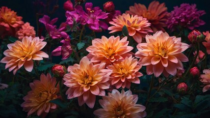 Fototapeta premium Close-Up of Vibrant Peach Dahlias and Purple Flowers in Bloom