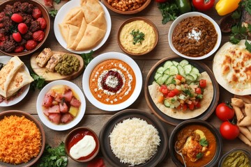 A vibrant spread of colorful Indian dishes, featuring various curries, breads, and salads, highlighting diverse flavors.