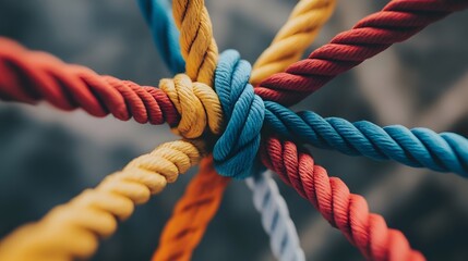 Complex web of interconnected ropes symbolizing intricate business relationships and antitrust challenges, with a focused foreground rope representing the effort to break monopolies.