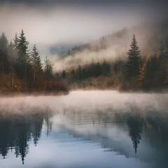 Fototapeta premium Serene landscape of a foggy lake surrounded by trees and misty mountains, creating a tranquil and picturesque view.