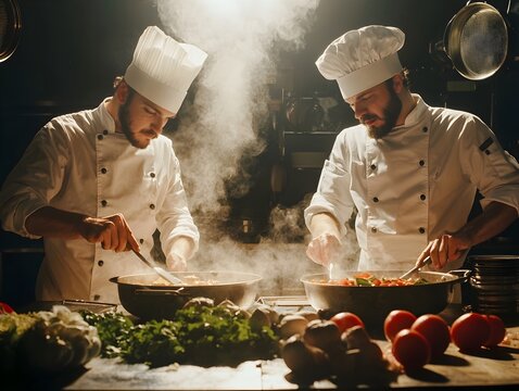 Two Chefs Intensely Preparing Culinary Dishes in a Professional Kitchen Environment