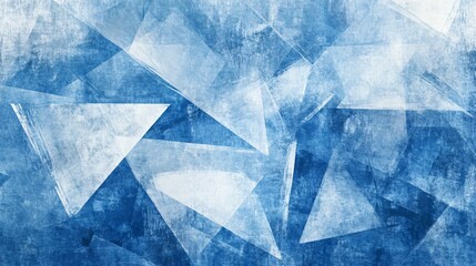 Modern abstract blue background design with layers of textured white transparent material in triangle diamond and squares shapes in random geometric pattern