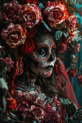 A woman adorned with colorful sugar skull makeup and a beautiful flower crown, perfect for festival or party use