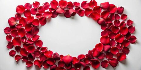 Obraz premium A Scattered Symphony of Crimson Rose Petals Forming an Oval Frame on a Clean White Surface