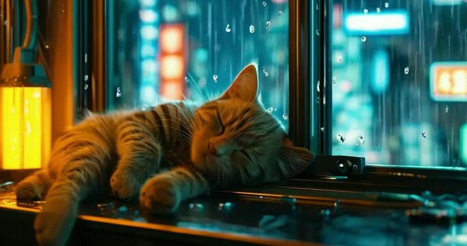 A cute cat sleeping by the side of the window kitty cute rain droplet fallen on the window lofi anime animation on a rainy day a funny  concept generated by AI