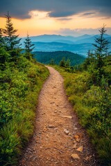 A serene hiking trail through lush greenery, leading to majestic mountains at sunset.