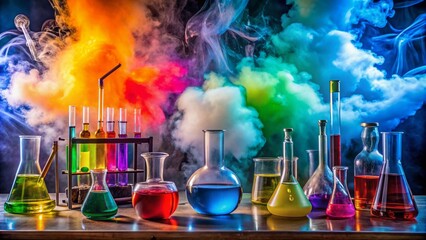 Colorful science laboratory setup with beakers, test tubes, and experimental equipment surrounded by smoke and blast debris, conveying excitement and discovery in STEM education.