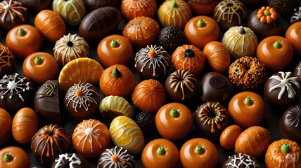 Chocolate candies, oranges, and other treats make a colorful and delicious assortment perfect for food and halloween concepts.