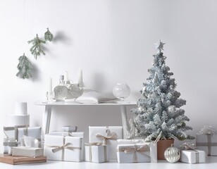 White christmas tree surrounded by presents in minimalist interior design