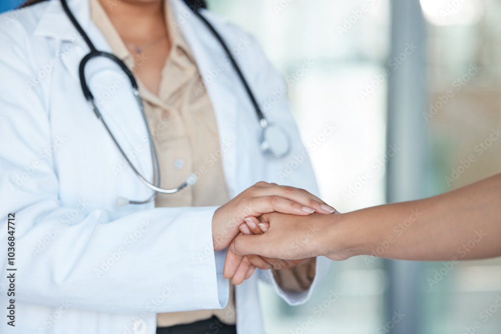 Wall mural Hospital, holding hands and doctor with patient for comfort, empathy and support for diagnosis or results. Healthcare, clinic and health worker with person for medical wellness, service and help