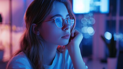 Young woman in her 20s reflecting on online privacy concerns against a modern digital background