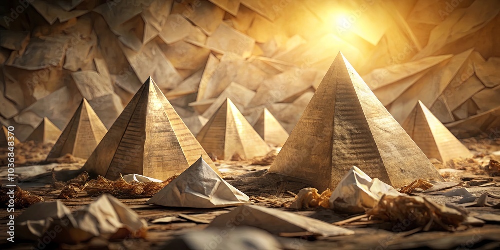 Canvas Prints Golden pyramids rise from a sea of crumpled paper, bathed in a warm, ethereal glow.