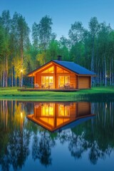 Obraz premium A cozy wooden cabin reflecting in a calm lake, surrounded by lush greenery and serene evening light.