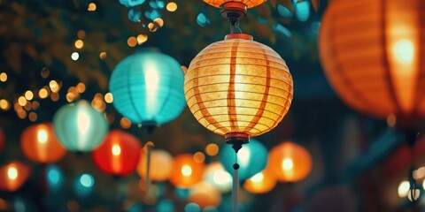 Obraz premium A collection of colorful paper lanterns suspended from the branches of a tree, creating a whimsical and festive atmosphere
