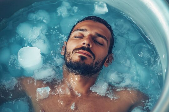 Man taking ice bath at bathtub