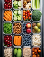 Refrigerator filled with lunch boxes prepared for healthy meals 