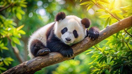 Obraz premium Adorable baby panda curled up and fast asleep on a sturdy tree branch, surrounded by lush green leaves and gentle dappled sunlight filtering through.