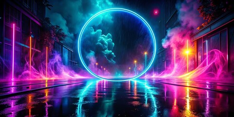 Fototapeta premium Neon Dreamscape A City Street Bathed in Vivid Light with a Glowing Circle in the Rain