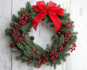 A festive Christmas wreath adorned with red berries and a bright red bow, perfect for holiday decorations. © Espresso