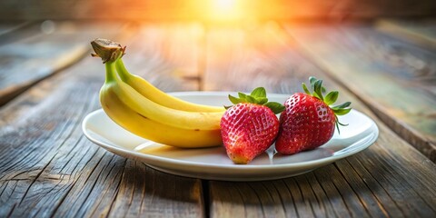 Aesthetic display of fresh bananas and juicy strawberries on a sleek plate, illuminated by natural light on a wooden table, exuding modern home decor and healthy living.