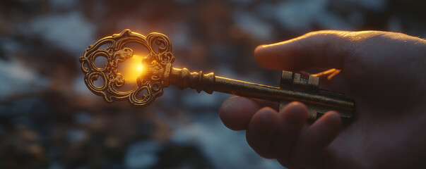 Fototapeta premium A close-up of a hand holding an old, ornate key with the key glowing softly
