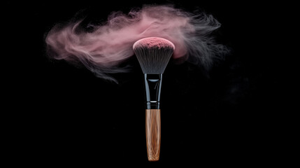 Makeup Brush with Pink Powder Floating in Air