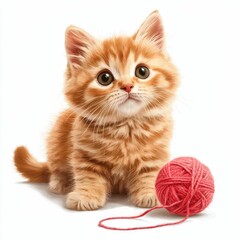 Obraz premium An adorable orange kitten sits beside a pink yarn ball, showcasing its playful demeanor and fluffy fur.
