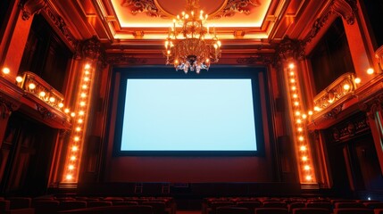 Obraz premium A modern theater with a projector screen and a chandelier, ideal for film or performance settings