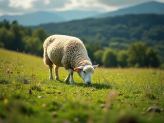 Single sheep grazing on a lush green hillside, set against a scenic countryside backdrop with soft...