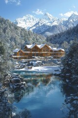 Fototapeta premium A stunning winter scene featuring a luxurious wooden lodge surrounded by snow-covered trees and majestic mountains.