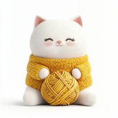 A cute, white cat plushie in a cozy yellow sweater holds a ball of yarn, exuding charm and playfulness.