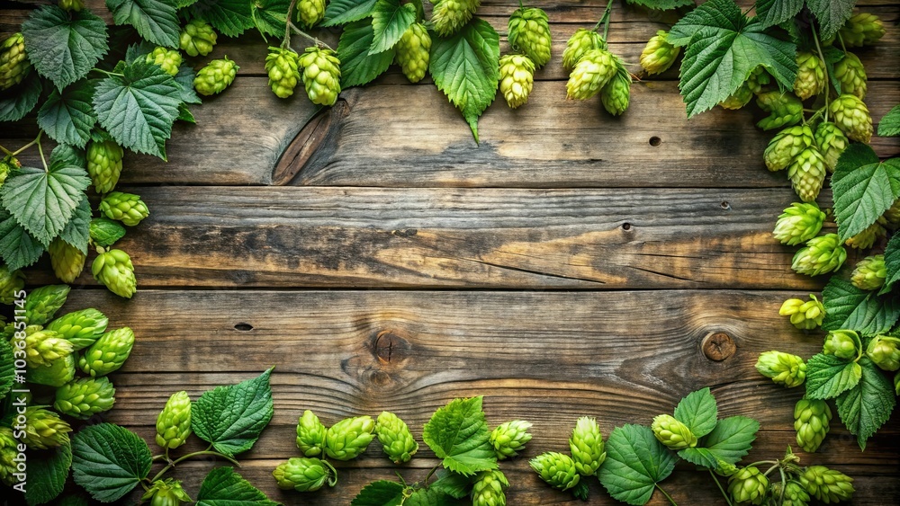 Wall mural Rustic Wooden Background Adorned with Lush Green Hops