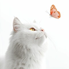 Fototapeta premium A fluffy white cat gazes curiously at a delicate orange butterfly, creating a serene and enchanting moment.
