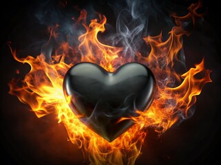 Black Burning Heart in Flames on Dark Background - Fiery Emotion, Passion, Intensity, Abstract Art, Heart Symbolism, Hot Emoji, Love, Fire, Darkness, Contrast