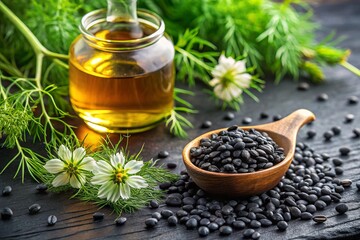 Fototapeta premium Black cumin plant offers beneficial flowers, leaves, and stalk, alongside oil capsules, providing natural remedies and health benefits for holistic healing and herbal medicine.