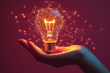 Hand holding light bulbs, network lines around. Concept of new ideas, innovation, creativity and digital transformation. Future technologies. Motivation and inspiration. Copy space.