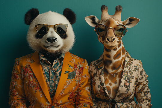 Panda and giraffe with a human body. Creativity and surrealism. Ironic and funny images of animals.
