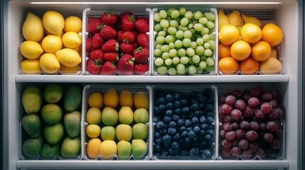 A colorful display of fresh fruit in white containers, including lemons, strawberries, grapes, oranges, mangoes, and plums.