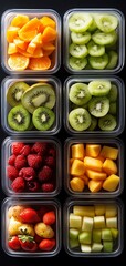 Assortment of fresh fruits in containers.
