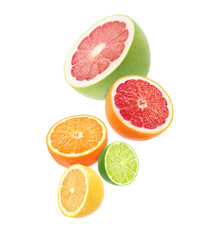 Variety of citrus fruit (green lime, lemon, orange, grpaefruit, red pomelo) isolated on white background.