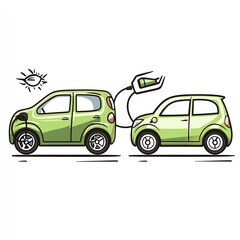 Fototapeta premium Two eco-friendly green cars illustrating electric charging, set against a simple white background. A symbol of sustainable transportation and clean energy innovation.