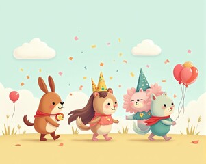 Naklejka premium A cheerful group of cartoon animals celebrating with party hats and balloons, walking joyfully in a sunny setting, with confetti floating in the air.