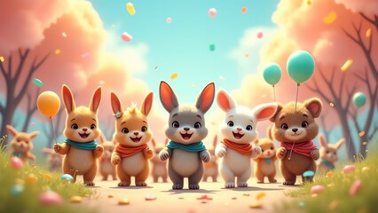 Fototapeta premium A cheerful group of cartoon bunnies celebrating with balloons in a colorful, vibrant forest scene filled with confetti.