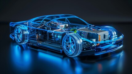 Electric car lithium battery pack is illustrated with power connections, showcasing the core of modern automotive technology in a vibrant blue tone