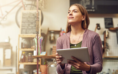 Fototapeta premium Thinking, network and woman in store, tablet and internet with connection, business owner or problem solving. Person, entrepreneur or solution with tech, digital app for invoice or email notification