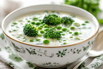 A warm and comforting bowl of soup filled with broccoli and peas, perfect for a cozy meal
